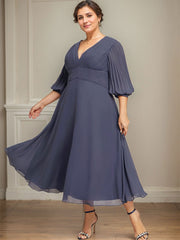 A-line V-Neck Tea-Length Chiffon Mother of the Bride Dress With Pleated