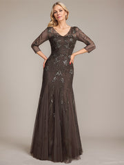 Trumpet/Mermaid Illusion V-Neck Floor-Length Tulle Sequin Lace Mother of the Bride Dress