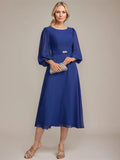 A-line Scoop Tea-Length Chiffon Mother of the Bride Dress With Crystal Brooch Pleated