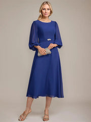 A-line Scoop Tea-Length Chiffon Mother of the Bride Dress With Crystal Brooch Pleated