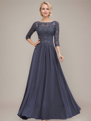 A-line Boat Neck Illusion Floor-Length Chiffon Lace Mother of the Bride Dress With Sequins Beading