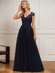 A-line V-Neck Floor-Length Tulle Lace Mother of the Bride Dress With Sequins