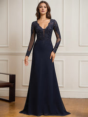 Sheath/Column V-Neck Detachable Sweep Train Lace Tulle Chiffon Mother of the Bride Dress With Sequins