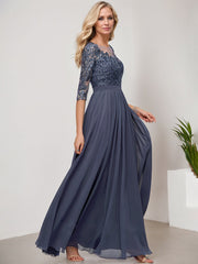 A-line Scoop Illusion Floor-Length Lace Chiffon Evening Dress With Sequins