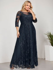 A-line Scoop Illusion Floor-Length Tulle Lace Mother of the Bride Dress With Sequins