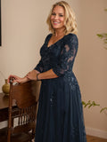 A-line V-Neck Floor-Length Tulle Lace Mother of the Bride Dress With Sequins