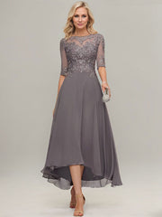 A-line Illusion Boat Neck Asymmetrical Chiffon Lace Mother of the Bride Dress With Sequins Beading