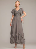 A-line V-Neck Ankle-Length Lace Chiffon Mother of the Bride Dress With Cascading Ruffles