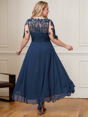 A-line Boat Neck Illusion Asymmetrical Lace Chiffon Mother of the Bride Dress With Cascading Ruffles Sequins