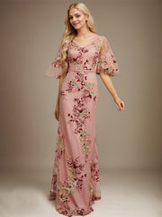 Sheath/Column V-Neck Floor-Length Lace Floral Evening Dress