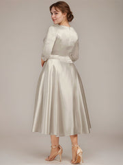 A-line V-Neck Tea-Length Satin Mother of the Bride Dress With Pleated