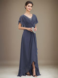 A-line V-Neck Asymmetrical Chiffon Mother of the Bride Dress With Sequins Beading Cascading Ruffles