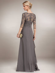 A-line V-Neck Floor-Length Lace Chiffon Mother of the Bride Dress With Cascading Ruffles