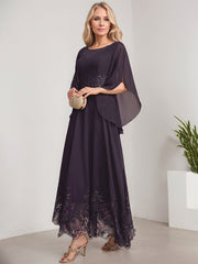 A-line Scoop Illusion Ankle-Length Lace Chiffon Mother of the Bride Dress With Sequins