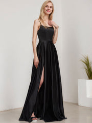 A-line Square Floor-Length Satin Evening Dress