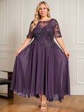 A-line Scoop Illusion Asymmetrical Lace Chiffon Mother of the Bride Dress With Sequins