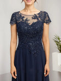 A-line Scoop Illusion Tea-Length Lace Chiffon Mother of the Bride Dress With Sequins