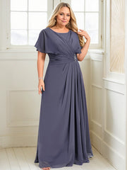 A-line Scoop Floor-Length Chiffon Mother of the Bride Dress With Pleated Beading