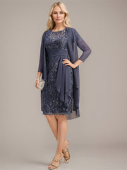 Sheath/Column Scoop Illusion Knee-Length Lace Chiffon Mother of the Bride Dress With Cascading Ruffles Sequins