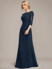 A-line Scoop Floor-Length Chiffon Lace Mother of the Bride Dress With Sequins Beading Pleated