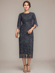 Sheath/Column Scoop Tea-Length Lace Chiffon Mother of the Bride Dress