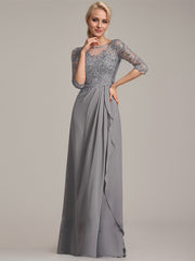 A-line Scoop Illusion Floor-Length Chiffon Lace Mother of the Bride Dress With Beading Sequins Cascading Ruffles