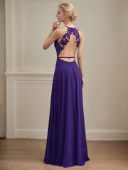 A-line Illusion Scoop Floor-Length Chiffon Evening Dress With Appliques Lace