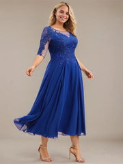 A-line Scoop Illusion Tea-Length Lace Chiffon Mother of the Bride Dress With Sequins