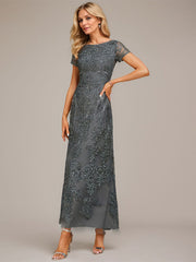 A-line Boat Neck Ankle-Length Lace Evening Dress With Sequins