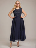 A-line Boat Neck Illusion Tea-Length Lace Chiffon Mother of the Bride Dress With Sequins