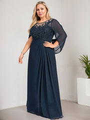 A-line Scoop Illusion Floor-Length Lace Chiffon Mother of the Bride Dress With Sequins Pleated