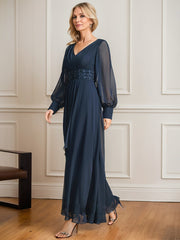 A-line V-Neck Ankle-Length Chiffon Mother of the Bride Dress With Cascading Ruffles Beading Sequins