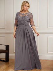 A-line Scoop Illusion Floor-Length Chiffon Lace Mother of the Bride Dress With Pleated Sequins Beading