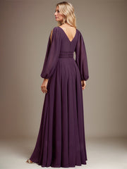 A-line Cold Shoulder V-Neck Floor-Length Chiffon Mother of the Bride Dress With Cascading Ruffles Beading