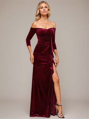 Sheath/Column Off the Shoulder Floor-Length Velvet Evening Dress With Cascading Ruffles