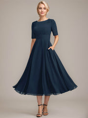 A-line Scoop Tea-Length Chiffon Mother of the Bride Dress With Appliques Lace Sequins