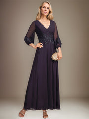 A-line V-Neck Ankle-Length Lace Chiffon Mother of the Bride Dress With Sequins