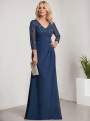 Sheath/Column V-Neck Illusion Floor-Length Lace Chiffon Mother of the Bride Dress With Pleated Sequins