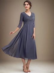 A-line V-Neck Tea-Length Chiffon Lace Mother of the Bride Dress With Beading