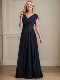 A-line V-Neck Floor-Length Chiffon Mother of the Bride Dress With Pleated Sequins Beading