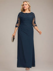 A-line Scoop Floor-Length Chiffon Lace Mother of the Bride Dress With Sequins Beading Pleated