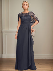 A-line Scoop Illusion Floor-Length Lace Chiffon Mother of the Bride Dress With Cascading Ruffles Sequins