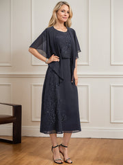 A-line Scoop Tea-Length Lace Chiffon Mother of the Bride Dress With Sequins