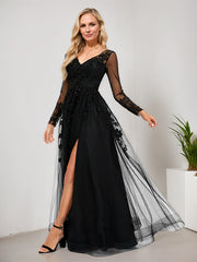 A-line V-Neck Floor-Length Tulle Prom Dresses With Sequins Appliques Lace Beading