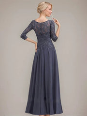 A-line Boat Neck Illusion Floor-Length Chiffon Lace Mother of the Bride Dress With Sequins Beading