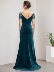 Sheath/Column V-Neck Sweep Train Velvet Evening Dress With Cascading Ruffles Beading