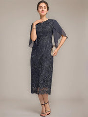 Sheath/Column Scoop Tea-Length Lace Chiffon Mother of the Bride Dress