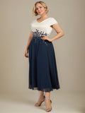 A-line V-Neck Tea-Length Satin Chiffon Mother of the Bride Dress With Appliques Lace