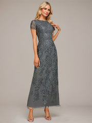 A-line Boat Neck Ankle-Length Lace Evening Dress With Sequins