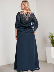 A-line Scoop Illusion Floor-Length Lace Chiffon Mother of the Bride Dress With Sequins Pleated